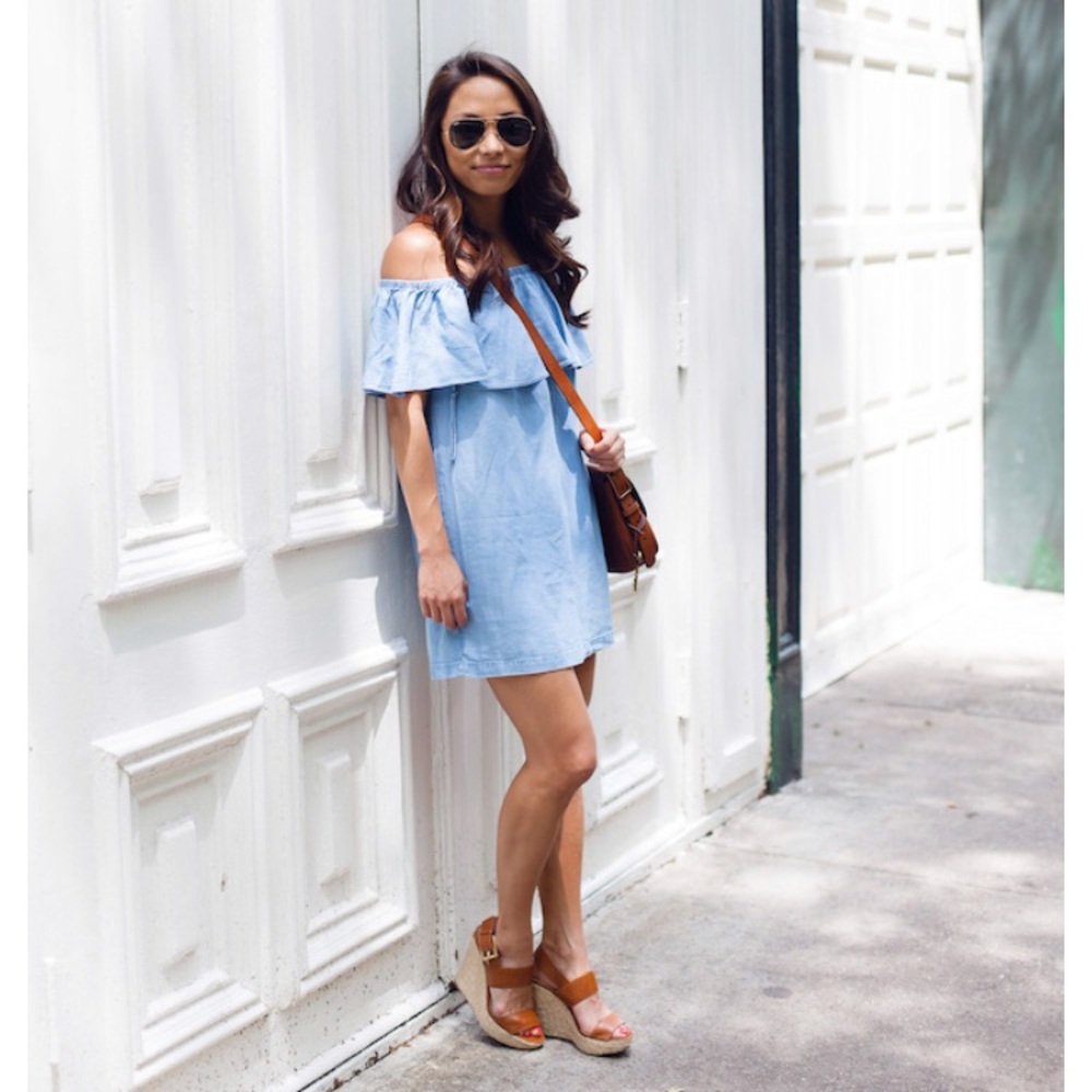 Zara off shoulder ruffle dress denim chambray